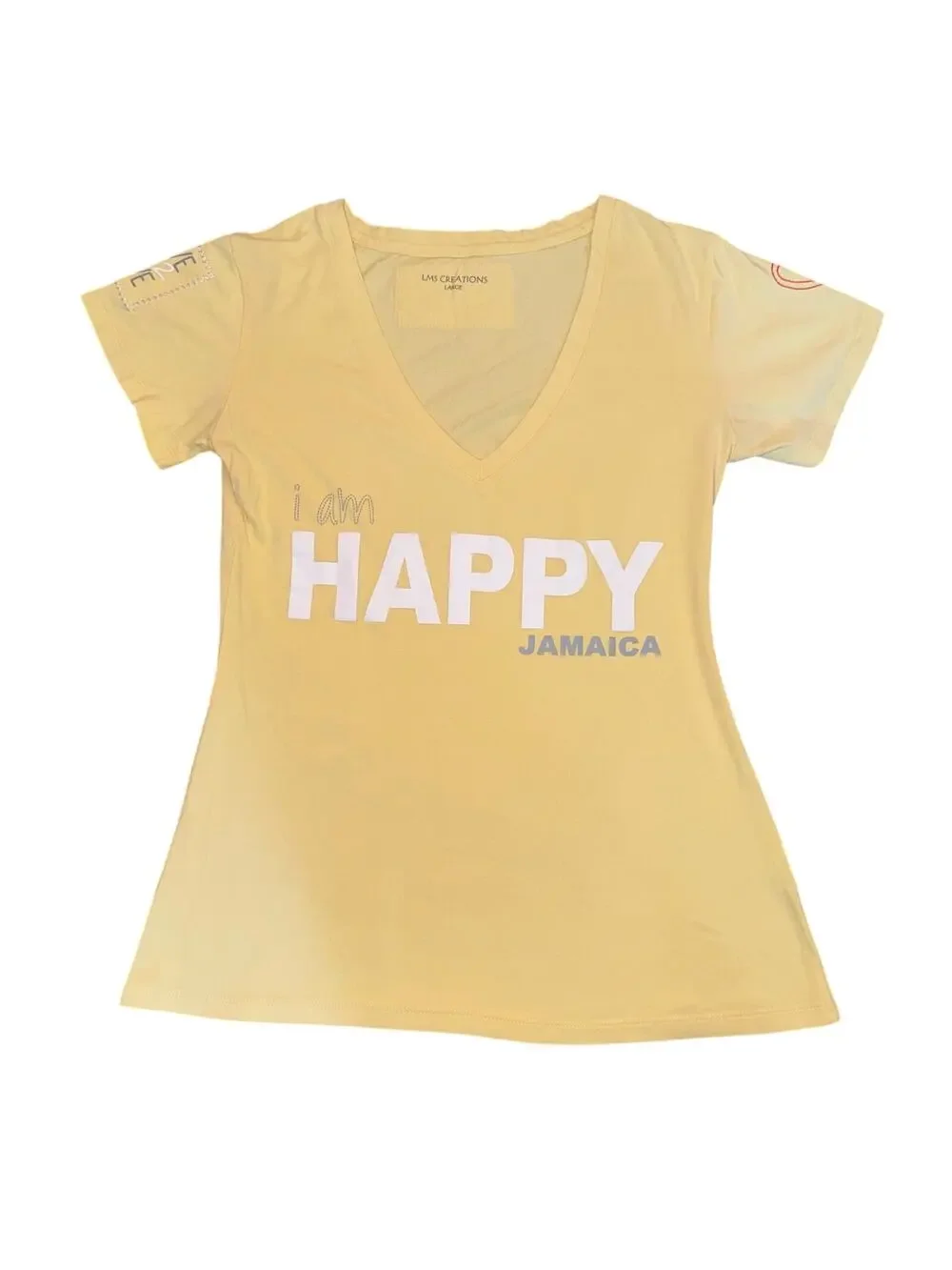 LMS‎ Creations Jamaica I Am Happy Yellow V-Neck Graphic T-Shirt Large